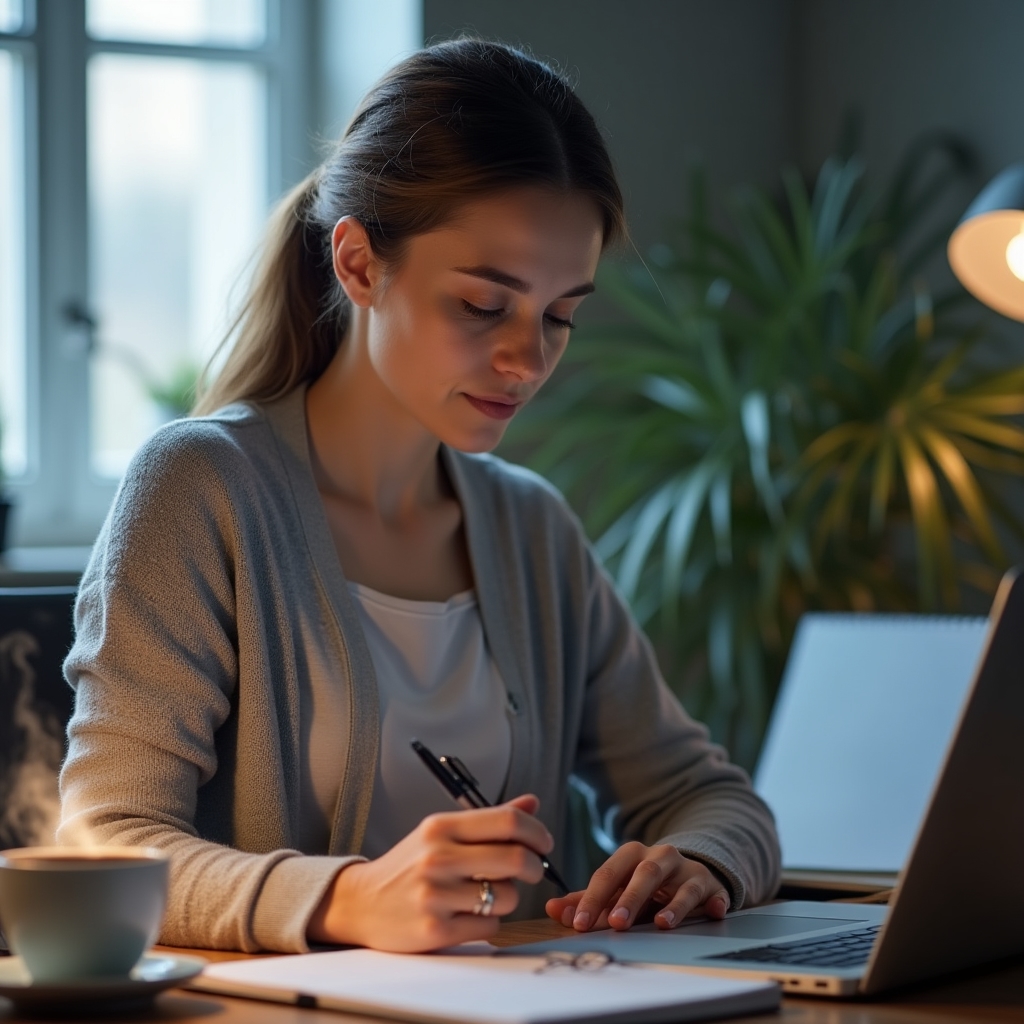 Vedoucí pracovnice si dělá poznámky u notebooku během online webináře v domácí kanceláři